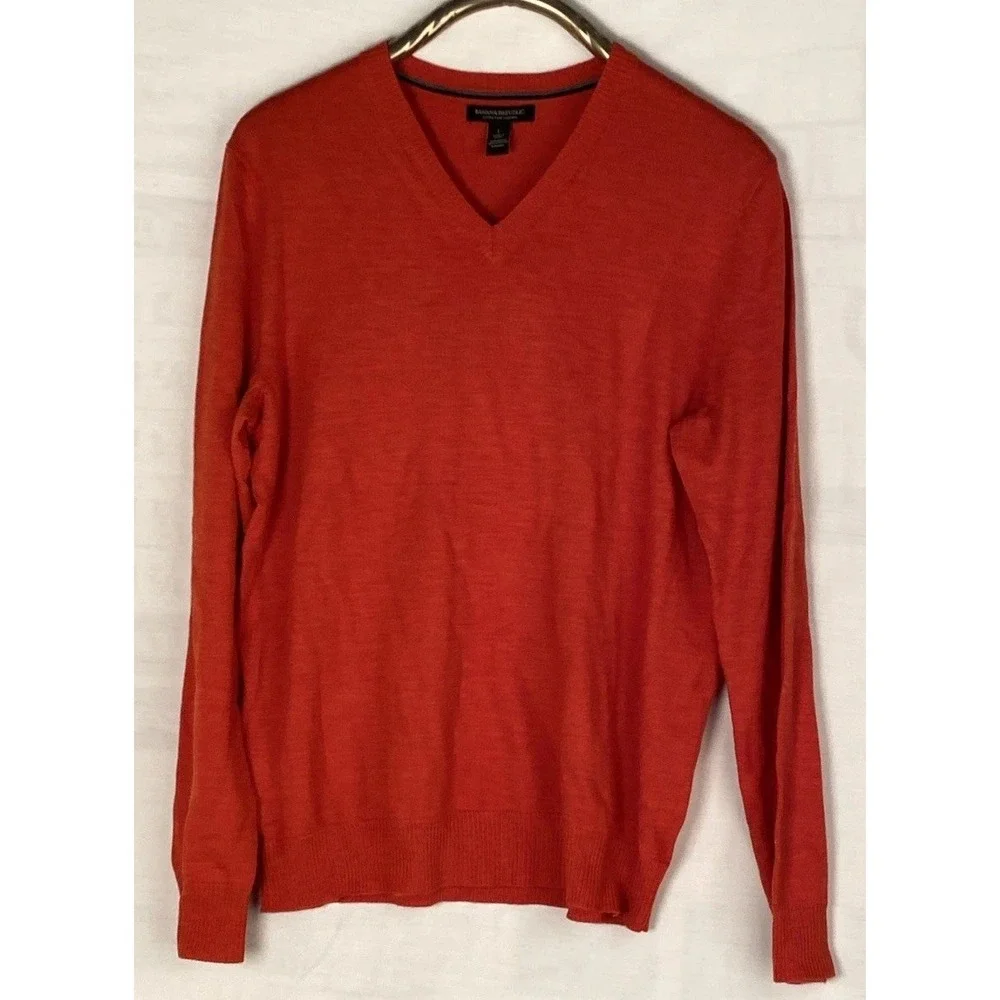 Banana Republic Bright Orange Merino Wool V Neck Stripe Sweater Mens Size L‎